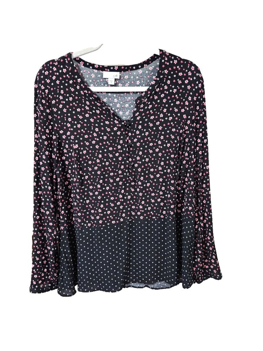 J Jill Women's Mixed Print Long Sleeve Blouse Floral Polka Dot V‑Neck Light